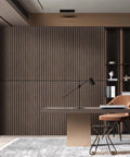 6 Pack Acoustic Wall Panels Deep Walnut Sound Proof Panels To Mute Room Noise And Boost Studio Vibes Flexible Wood Look Surface in modern office setting.