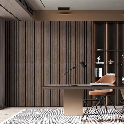 6 Pack Acoustic Wall Panels Deep Walnut Sound Proof Panels To Mute Room Noise And Boost Studio Vibes Flexible Wood Look Surface in modern office setting.