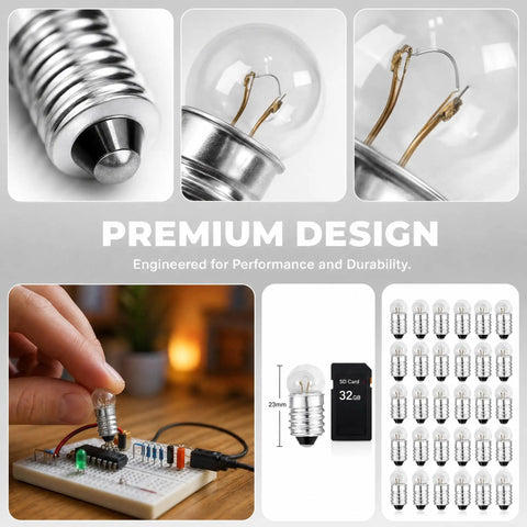 Top Shelf E10 Miniature Light Bulbs Offering Hella Reliable Warm White Glow for Your Home Lab or Flashlight Fixes, shown mounted on a circuit board.