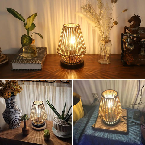 Cozy Boho Rattan Table Lamps Set Of 2 With Touch Control 3 Way Dimmable Nightstand Lamps For Bedroom on wooden table