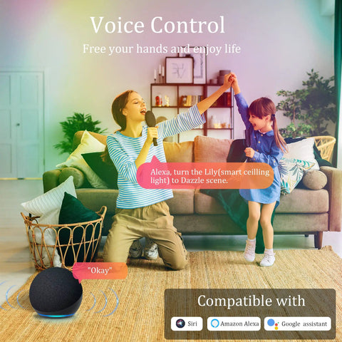 Woman and child using voice control for 12 Inch WiFi Smart LED Ceiling Light Dimmable 2700K To 6500K And RGB Mood Lighting For Porch