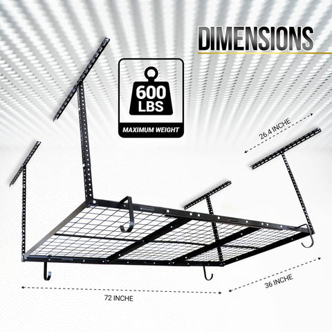 Overhead Garage Shelving Storage Rack Adjustable 3 ft by 6 ft Ceiling Organizer Shelf dimensions showing 600 lb capacity