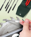 10 Piece Mini Needle File Set With Diamond And Steel Files in use on saw blade, shown in synthetic leather case