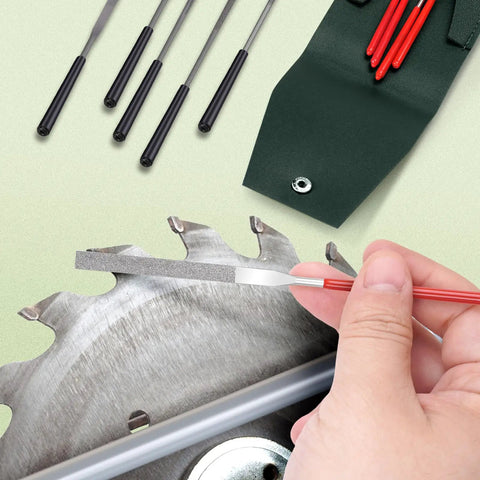 10 Piece Mini Needle File Set With Diamond And Steel Files in use on saw blade, shown in synthetic leather case