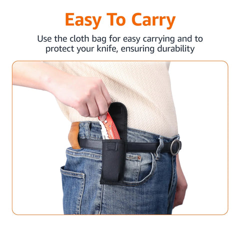 Side view of folding utility knife in black belt sheath on hip; red handle visible.