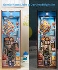 DIY Book Nook Kit For Adults With 3D Wooden Puzzle Bookend And Shelf Insert, Totally Cozy Library Decor For Shelves, Miniature House Kit With Body Motion Sensor LED Light, Travel With The Wind Edition, showing day and night lighting with colorful balloons and houses.