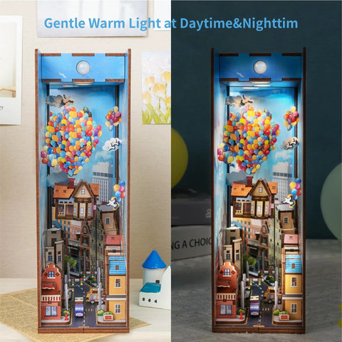 DIY Book Nook Kit For Adults With 3D Wooden Puzzle Bookend And Shelf Insert, Totally Cozy Library Decor For Shelves, Miniature House Kit With Body Motion Sensor LED Light, Travel With The Wind Edition, showing day and night lighting with colorful balloons and houses.