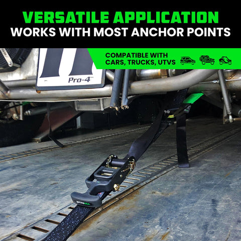 Heavy Duty 2 Inch By 8 Foot Car Tie Down Straps With J Hooks, 10,000 Lb Break Strength securing a vehicle axle.