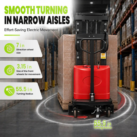 Huge 3500 Lbs Full Electric Pallet Stacker Hits 98 In High Lift For Heavy Warehouse Work with a red base and turning radius shown.
