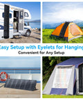200W Portable Solar Panel For Off Grid Power shown in use with RV, boat, tent, and camping setup, illustrating foldable kickstand and lightweight build.