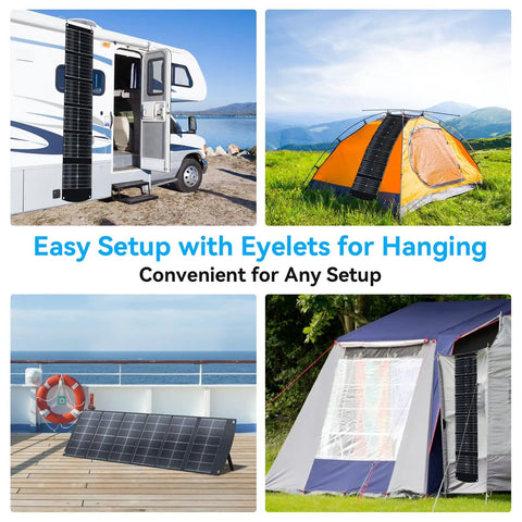 200W Portable Solar Panel For Off Grid Power shown in use with RV, boat, tent, and camping setup, illustrating foldable kickstand and lightweight build.