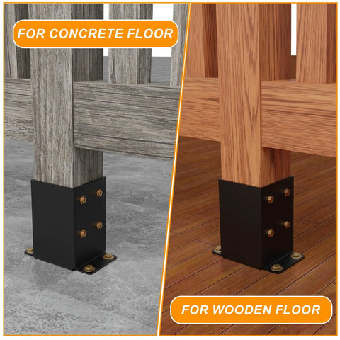Side-by-side view of 4x4 post base set for wood posts on concrete and wooden floors, black powder-coated metal anchors.
