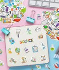 Epic 300 Piece Science Foam Stickers Set Self Adhesive Chemistry Biology Physics Lab Decals on desk with stationary