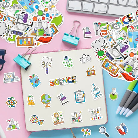 Epic 300 Piece Science Foam Stickers Set Self Adhesive Chemistry Biology Physics Lab Decals on desk with stationary