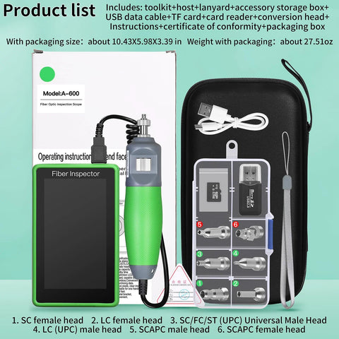 Front view of Fiber Inspector A-600 handheld fiber optic video probe with 5-inch touchscreen, green casing.