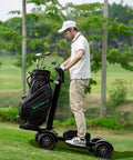 Foldable Electric Golf Push Cart With Cushioned Seat And Sturdy Umbrella Pole Dual Brushless Motor High Capacity Battery Smart Lcd Console shown in use on golf course.