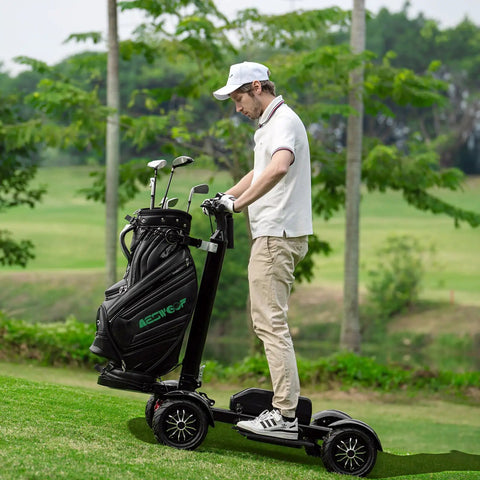 Foldable Electric Golf Push Cart With Cushioned Seat And Sturdy Umbrella Pole Dual Brushless Motor High Capacity Battery Smart Lcd Console shown in use on golf course.