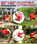 Cordless Weed Wacker With Wheels Electric Trimmer With Dual 21V 2.0Ah Batteries showing adjustable cutting head angles