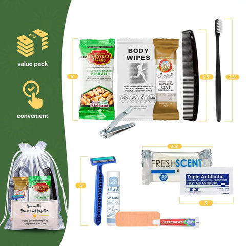 Five Complete Hygiene Care Packages For The Homeless With Socks Soap Toothbrush Toothpaste First Aid Wipes Lip Balm And Food Ideal Outreach Blessing Bags For Charity And Street Outreach Programs.