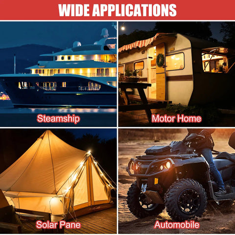 Heavy Duty 250A 12V Power Distribution Block With Four 5/16 Studs Solid Build Marine And Solar Wiring Assembly Designed Different For Trucks And Campers Knockout Ground Terminal Pair Red Black application examples with steamship, motor home, solar pane, and automobile.