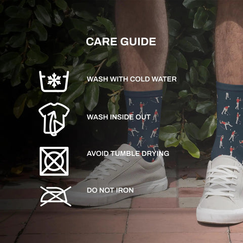Funny Angry Golfer Socks Navy Blue For Men Size Ten To Thirteen One Pair Per Pack care guide details with sock print visible