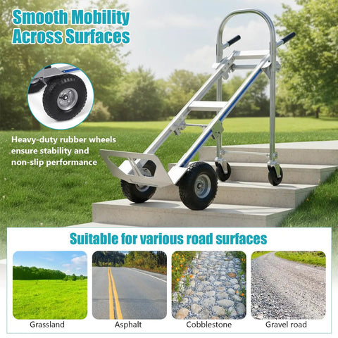 3 In 1 Folding Hand Truck Dolly Cart With 550 Lbs Capacity, Aluminum Frame, Convertible Stair Climber, Four Wheel Tilt, And Flatbed Modes For Moving Heavy Appliances, Furniture, Or Luggage Like A Real Workhorse. Aluminum hand truck on stairs with rubber wheels