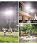 Top Notch Solar Flood Light With Wireless Remote And Visible Battery Display IP67 Waterproof Outdoor Security Lighting For Yard Barn Fence No Fuss Installation Super Bright Output illuminating a soccer field, street, and park at night.