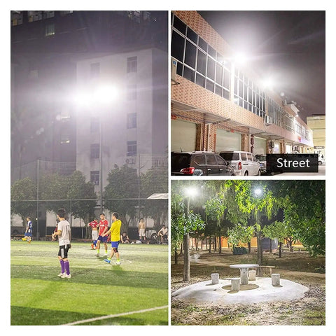 Hella Bright Solar Flood Light With Remote Control And Smart Battery Display IP67 Waterproof Outdoor Security Lamp illuminating a sports field and garden.