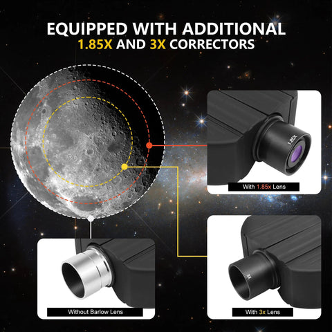 Diagram showing Stereo Binocular Viewer for Telescopes With 1.85x and 3x Barlow, highlighting moon observation with lenses.