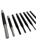 Tough As Nails 18 Piece Roll Pin Punch Set With 8 Inch Long And 4 Inch Short Pins sized 1/16 to 3/8 inch, several steel punches displayed.