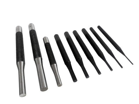 Tough As Nails 18 Piece Roll Pin Punch Set With 8 Inch Long And 4 Inch Short Pins sized 1/16 to 3/8 inch, several steel punches displayed.