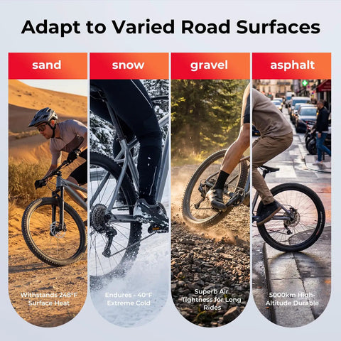 Image showing bikes on sand, snow, gravel, and asphalt, highlighting versatility of 24 Inch Bike Inner Tubes Twin Pack 24x1.75 1.95 2.10 2.125 Butyl With 35mm Schrader Valve Includes 2 Tire Levers Replacement Tube For BMX Mountain Cruiser And City Bikes Ride Ready.