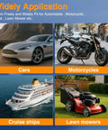 Cars, motorcycles, cruise ships, and lawn mowers depicted in a collage showing diverse applications for a Heavy Duty Manual Oil Extractor Pump.