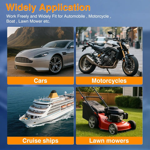 Cars, motorcycles, cruise ships, and lawn mowers depicted in a collage showing diverse applications for a Heavy Duty Manual Oil Extractor Pump.