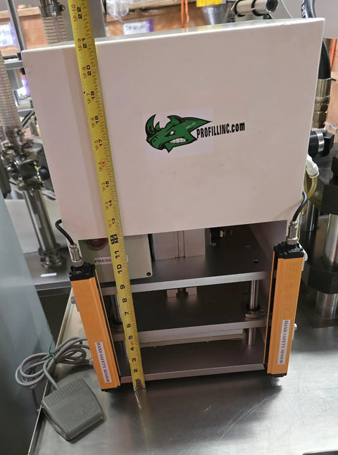 Workhorse Benchtop Pneumatic Press With Foot Pedal For Hands Free Operation, Dual Safety Light Curtains, And Adjustable Dwell Timer For Blister Packaging, Stamping, Riveting, And Component Assembly front view with measuring tape