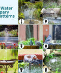 Image showing 8W Solar Pond Filter With Built In 3600mAh Battery Backup And Water Pump For Ponds Fish Tanks Bird Baths Waterfall Garden DIY Water Feature No Fuss Setup demonstrating 8 unique water spray patterns in various pond settings.