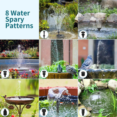 Image showing 8W Solar Pond Filter With Built In 3600mAh Battery Backup And Water Pump For Ponds Fish Tanks Bird Baths Waterfall Garden DIY Water Feature No Fuss Setup demonstrating 8 unique water spray patterns in various pond settings.