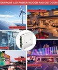 Waterproof LED Power Indoor and Outdoor Use showcased in various applications including lighting and factory automation.