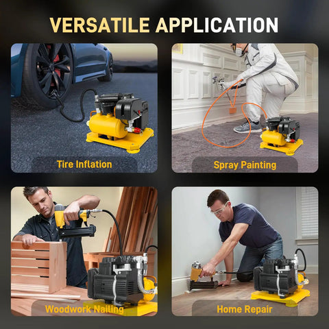 Hassle Free Cordless Air Compressor Pump Throwing Down A Solid 116 Psi, Silent Operation At Sixty Five Decibels used for tire inflation, spray painting, woodwork nailing, and home repair.