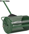 Side view of Compost Spreader With 24 Inch Wide Drum For Even Coverage Of Compost Soil Sand Manure And Mulch, steel mesh drum
