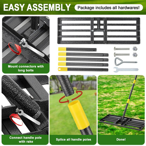 Assembly guide for Heavy Duty Lawn Leveling Rake With 5 Ft Adjustable Handle 30 X 10 Inch Levelawn Tool, showing parts and tools