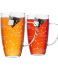 Chemistry Glass Tea Cups Set Of 2 18 Oz Beaker Mugs With Tea Molecule Etchings filled with tea, showing science-themed designs.
