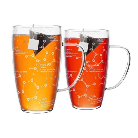 Chemistry Glass Tea Cups Set Of 2 18 Oz Beaker Mugs With Tea Molecule Etchings filled with tea, showing science-themed designs.