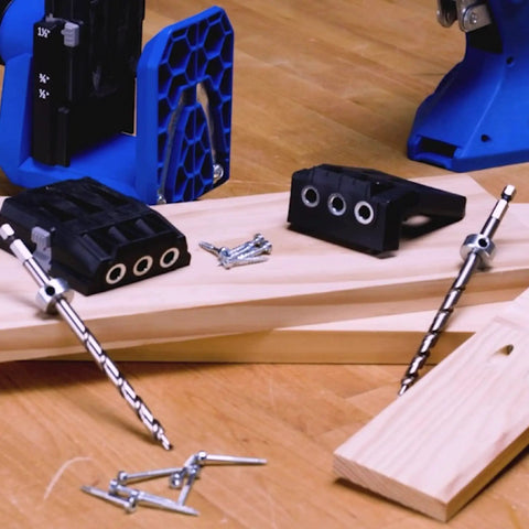 Slick Micro Pocket Hole Drill Guide Kit For Tight Projects And Half Inch Lumber Precision Mini Jig with accessories on wooden surface.