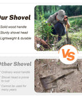 Comparison of round small shovel with wooden D handle for digging and planting versus old rusty shovel on ground.