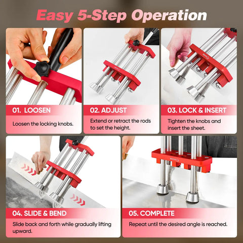Two Station Sheet Metal Bender Roller Tool for 0 to 100 Degree Bends, 7 Inch Rolling Axis, step-by-step bending process