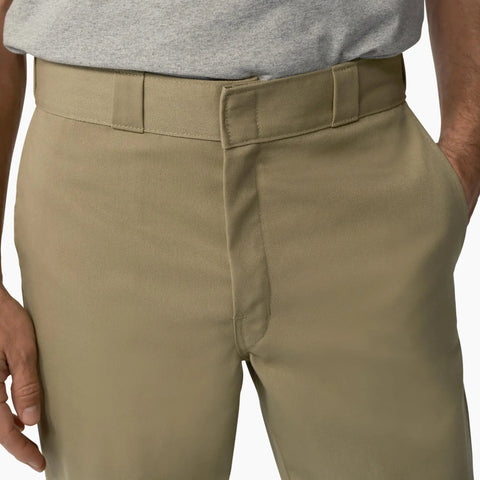 Mens Big And Tall Straight Leg Work Pants Built Tough Poly Cotton Uniform Trousers For Construction And Industrial Sites Wrinkle Resistant All Day Comfy Khaki close-up view of waistband and pocket