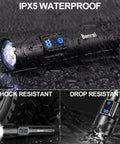 Beast Bright Rechargeable Tactical Flashlight 2000 Lumens, 5000mAh USB-C in rain showing waterproof feature