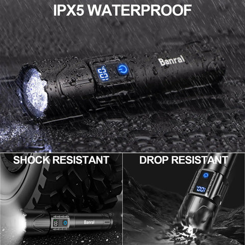 Beast Bright Rechargeable Tactical Flashlight 2000 Lumens, 5000mAh USB-C in rain showing waterproof feature