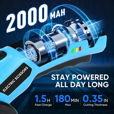 Heavy Duty Cordless Electric Scissors With Led Light Upgraded Power 0.35 Inch Blade showing 2000 mAh battery and power details.
